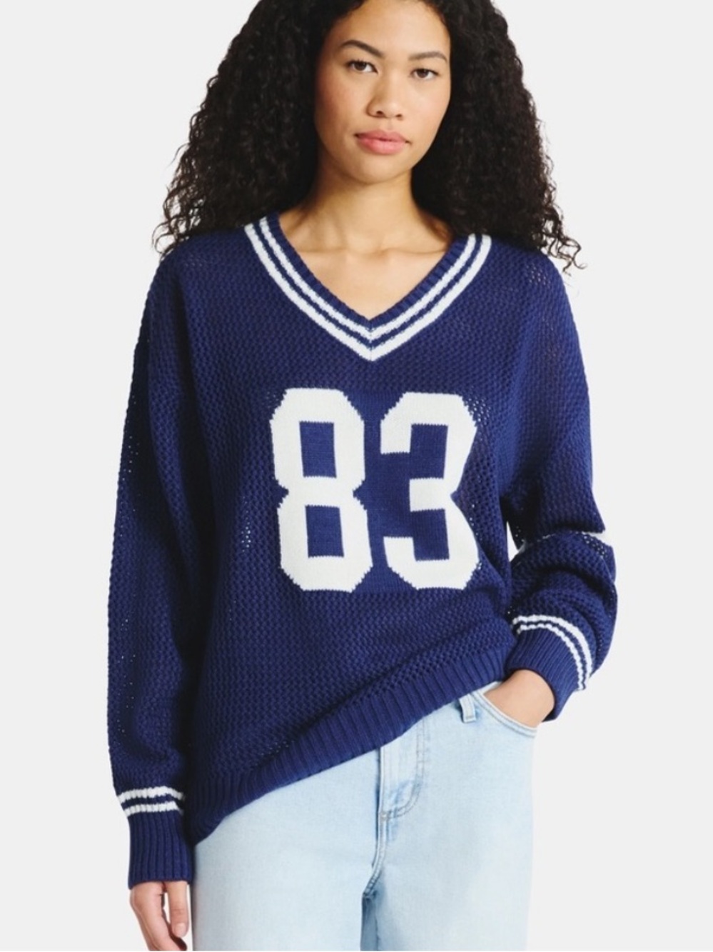 No Boundaries Navy Knit V-Neck Sweater with White '83' Graphic